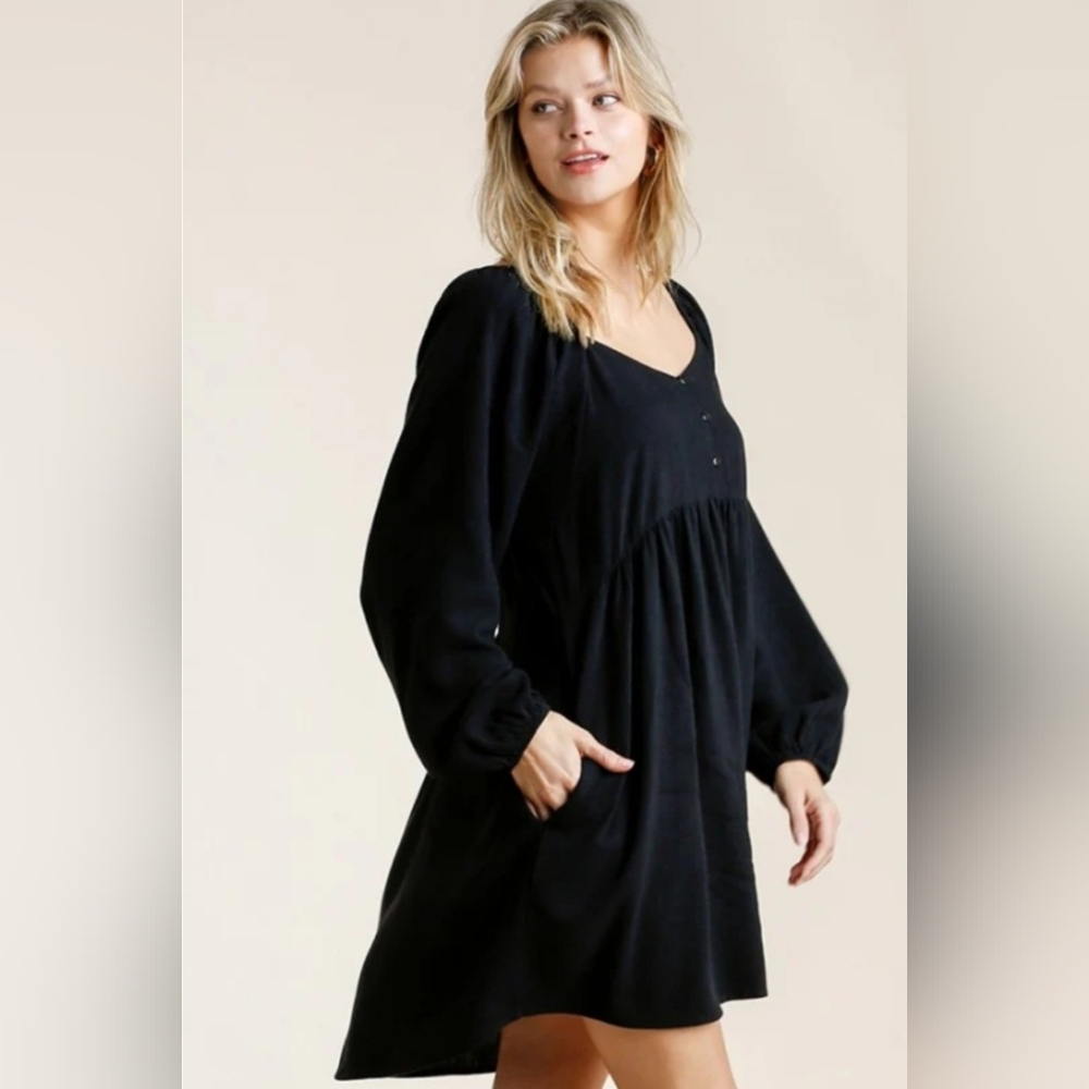 Umgee Sweetheart BabyDoll Black‎ Long Sleeve Dress Size L NWT
